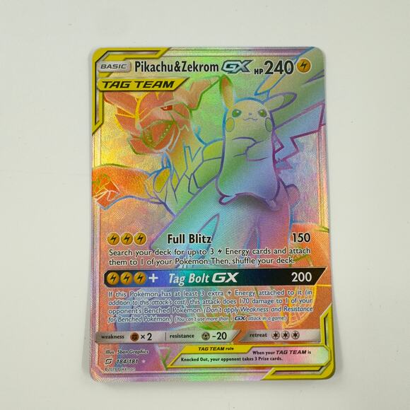 Pikachu & Zekrom GX Secret Rare 184/181 Team Up Full Art Rainbow Holo Contender - Picture 1 of 6